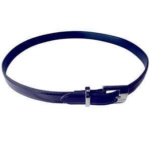 Vintage Navy Faux Leather Belt with Silver Buckle Closure and Trim.  Size = 12.